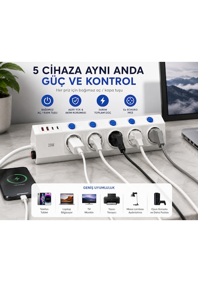 5'li Akım Korumalı Çoklu Priz 2 Metre Kablolu 3680w 16a 5 Bağımsız Anahtarlı 2 Usb-a 2 Usb-c Pd 20w Hızlı Şarj Destekli 2 m