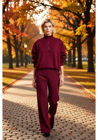 Benerly Kadın Yüksek Yaka Standart Kol Fırçalı Scuba Sweatshirt Fonksiyon Bordo