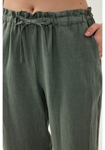 Vitrin %100 Keten Beli Bağcıklı Pantolon Haki