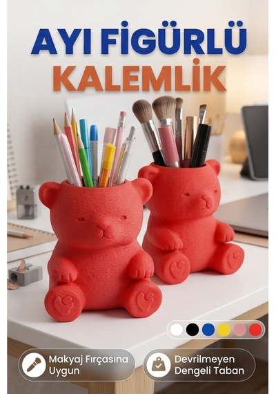 Ayı Figürlü Kalemlik Ve Makyaj Fırçası Düzenleyici - Kırmızı