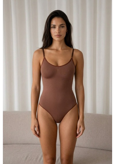 Fit Women Kadın Kapsız Cırt Cırtlı Düz Desen Kahverengi Body