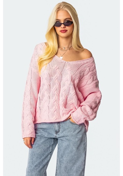 Madmext Pembe V Yaka Örgü Desen Oversize Kadın Kazak Mg2519 Pembe