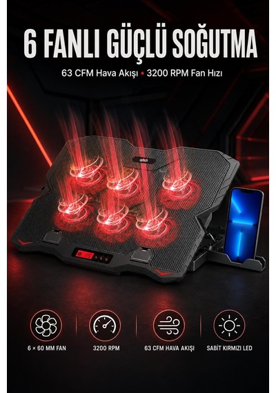 Uptech Laptop Soğutucu 6 Fanlı Lcd Kontrol Panel Ayarlanabilir Dizüstü Bilgisayar Soğutma Fanı