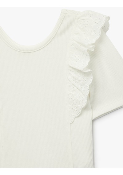 Koton Kısa Kollu Bisiklet Yaka Fırfırlı Brodeli Crop Tişört Ekru 6skg10498ak