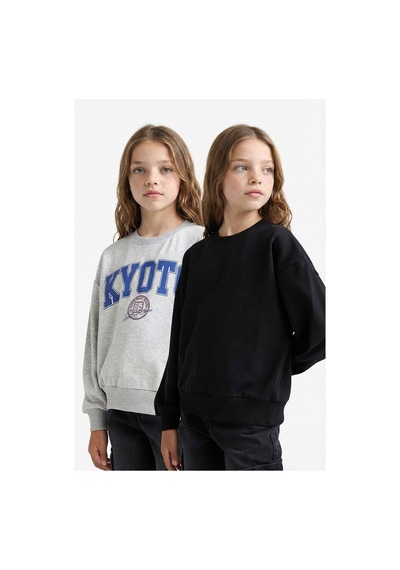 Defacto Kız Çocuk Relax Fit Bisiklet Yaka Slogan Baskılı 2li Sweatshirt E6473a825aubk81 Siyah