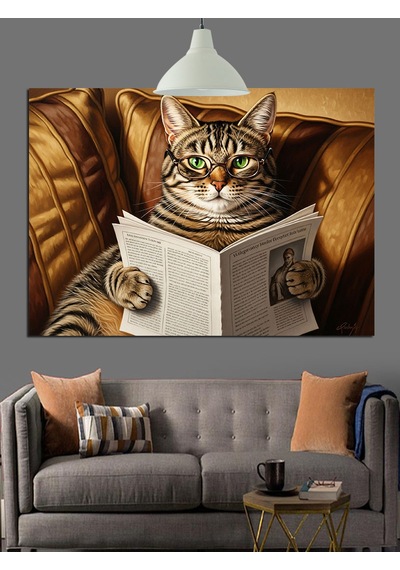 Kitap Okuyan Gözlüklü Kedi Dekoratif Kanvas - Mdf Ahşap Tablo