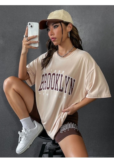 Flood Of Style Kadın Bej Brooklyn Bisiklet Yaka Tshirt