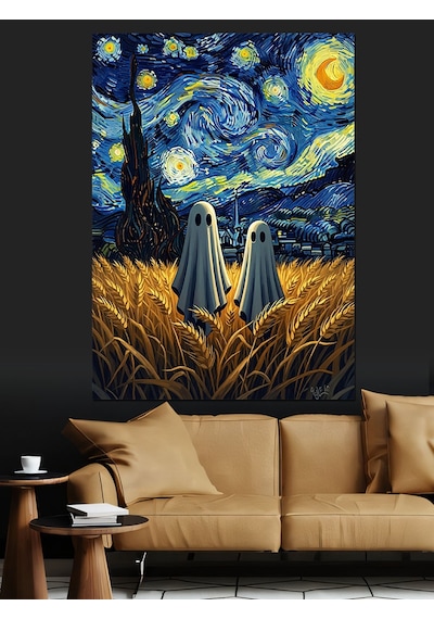 Van Gogh Yıldızlı Gece Ve Hayalet Dekoratif Kanvas - Mdf Ahşap Tablo