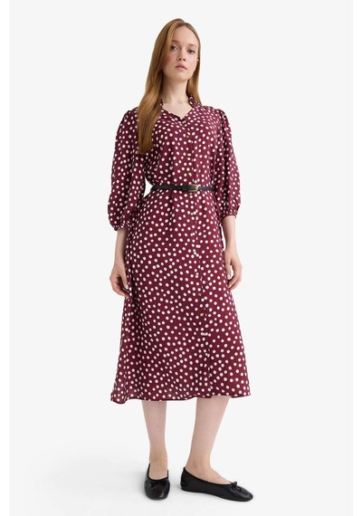 Defacto Relax Fit V Yaka Puantiyeli Yarım Kollu Elbise F5494ax25aubr375 Bordo