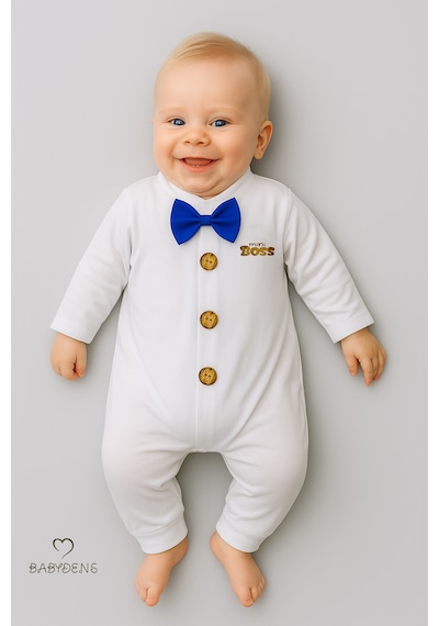 Babyden's Mini Boss Papyonlu Erkek Bebek Tulum Düğmeli Tasarım, Uzun Kollu Yenidoğan Tulumu Koyu Mavi