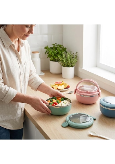 700 Ml Paslanmaz Çelik Yemek Kabı, Kaşıklı, Saplı Ve Kilitli Yuvarlak Lunch Box, Mavi Yeşil Pembe Renk Seçenekli, 12x11x13cm Kapaklı Saklama Ve Taşıma Kabı Çok Renkli