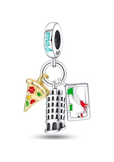 Pizza , Pisa Kulesi Ve İtalya Tema Sallantılı Charm Gümüş