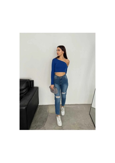 Kene Jeans Yüksek Bel Mavi Çift Diz Lazer Yırtık Mom Jeans Mavi