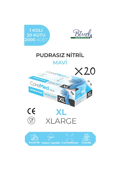 Nitril Mavi Pudrasız Muayene Eldiveni Xl - 1 Koli-20 Paket-2000'li