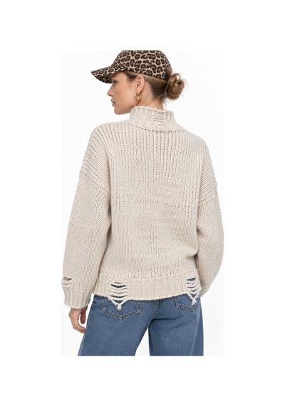 Neden Tekstil Kadın Premium Yırtık Detaylı Oversize Triko Kazak - Bej