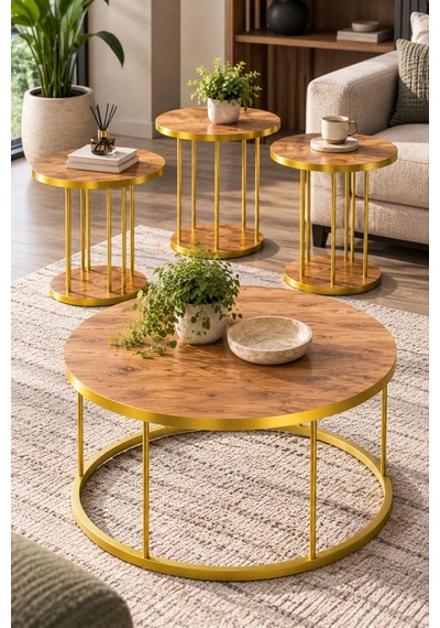 Sulorahome 4'lü Yuvarlak Sehpa Seti Ceviz Ve Gold Metal Ayaklı