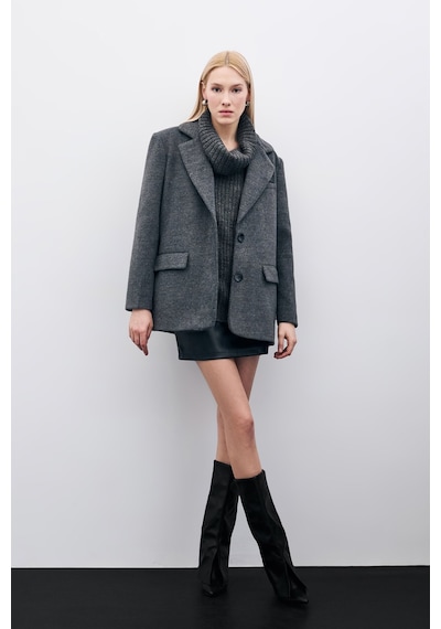 Sateen Düğmeli Kaşe Ceket - Siyah-135414 Siyah