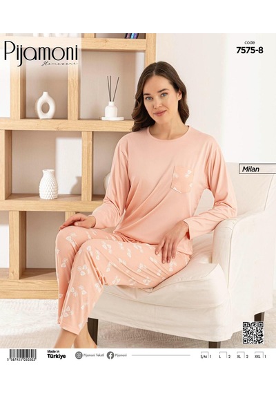 Pijamoni Kadın Milan Bisiklet Yaka Uzun Kol İnce Pijama Takımı 7575/8 - 1 Adet Yavruağzı Pijamoni Kadın Milan Bisiklet Yaka Uzun Kol İnce Pijama Takımı 7575/8 - 1 Adet Yavruağzı