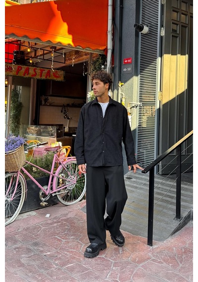 Flaw Fitilli Kadife Oversize Gömlek Siyah-27279 Siyah