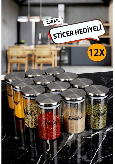 12'li Etiketli 250 Ml Metal Vakumlu Kapaklı Borosilikat Cam Baharatlık Saklama Kabı Seti Diğer