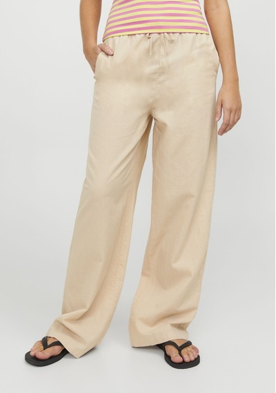 Jack & Jones Kadın Rahat Kalıp Keten Pantolon - Flora 12249649 Cement Bej
