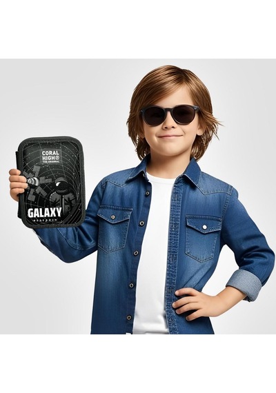 Coral High Siyah Galaxy Desenli Çift Katlı Kalem Çanta 11148 Çok Renkli