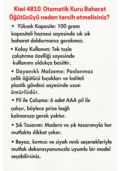 Kspg 4810 Otomatik Ayarlanabilir Tuz Karabiber Baharat Değirmeni Baharat Öğütücü Kırmızı