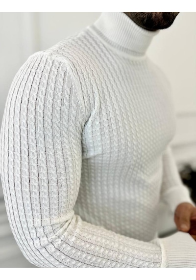 Kazak Slim Fit Tüylenmez Naturel Pamuk Triko Boğazlı Balıkçı Yaka Kazak Beyaz