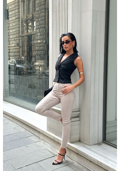 HLT Jeans Kadın Krem Süper Skinny Fit Esnek Likralı Yüksek Bel Denim Jean Kot Pantolon Jennie-2003 Krem