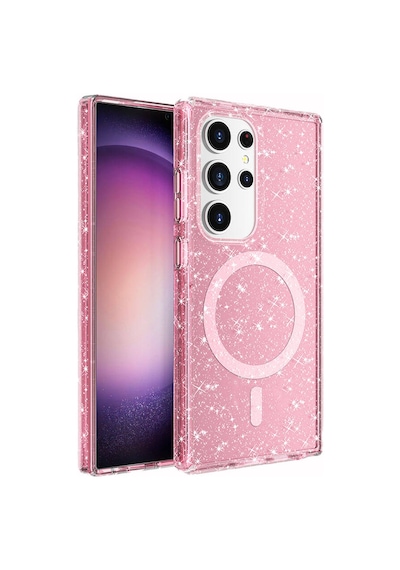 Galaxy Uyumlu S24 Ultra Kılıf Magsafe Şarj Özellikli Parlayan Simli Saydam Renkli Uzrm Allstar Kapak - Pemb Pembe