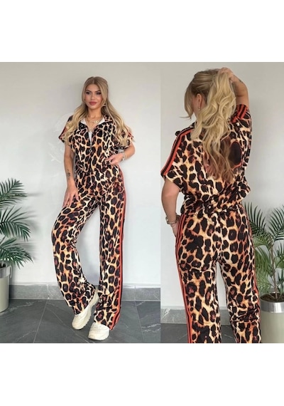 Defymoda Kadın Dalgıç Kumaş Dijital Leopar Baskılı Şerit Detaylı Takım Leopar