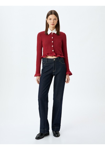 Koton Crop Hırka Düğmeli Fırfır Detaylı Bisiklet Yaka Slim Fit Bordo 5wal90024ık Bordo