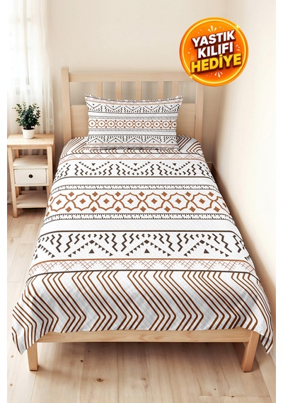 Kahverengi Geometrik Bohem Tek Kişilik Dekoratif Pike Takımı - Beyaz Etnik 160x220 Cm Yatak Örtüsü Kumlu Misk İzi