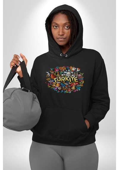 Turkiye Özel Karakterleri Kadın Erkek Siyah Kapüşonlu Sweatshirt Hoodie Siyah