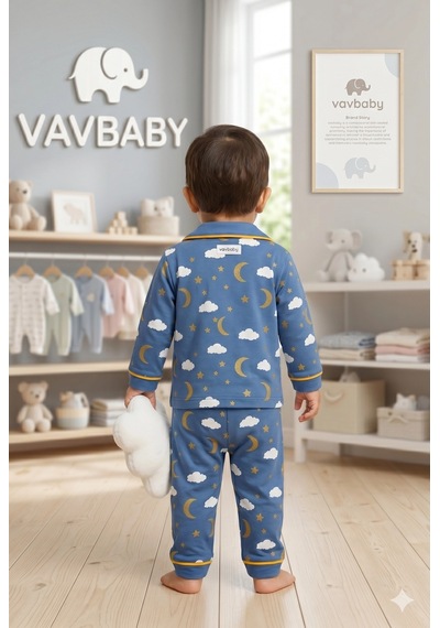 Pamuklu Kruvaze Yaka Önden Düğmeli Bulut-ay Desenli Mevsimlik Alt Üst Pijama Takım-mavi