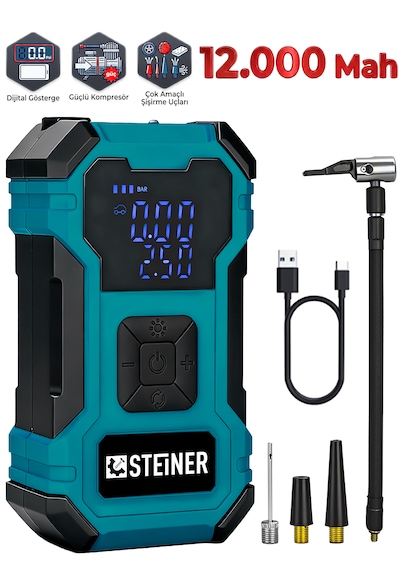 Steiner 12.000 Mah Dijital Ekranlı Kablosuz Lastik Hava Pompası Şarjlı Hava Kompresörü Powerbank Led Işık Mavi 1200mah - 25x5.6x4.7cm