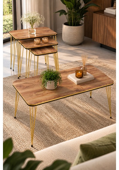 Sulorahome Ceviz Desenli Gold Tel Ayaklı 4'lü Sehpa Seti Ceviz - Altın