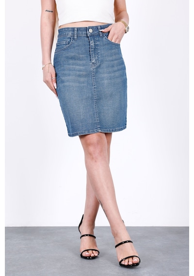 HLT Jeans Nordic Blue Kadın Regular Fit Likralı Yüksek Bel Orta Boy Denim Kot Etek Alice-4013 Mavi