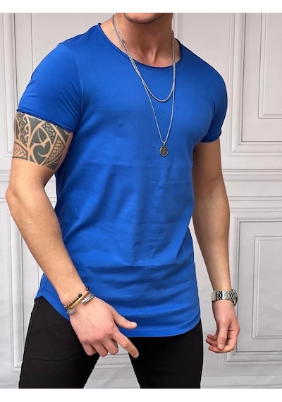 Modefendi Slim Fit Oval Kesim Pamuk Basic Tshırt Saks Mavisi