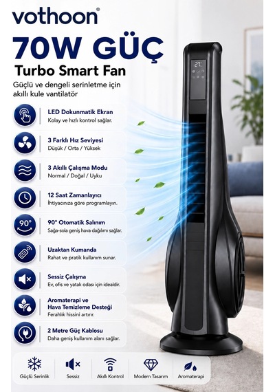 Turbo Smart Akıllı Fan Led Ekranlı Kumandalı 90 Hareketli Serinletici Soğutucu Kule Tipi Vantilatör Diğer