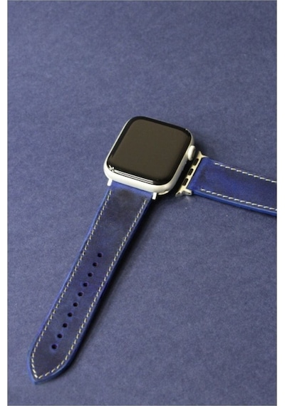 Apple Uyumlu  Watch Kordon Deri Crazy Saks Mavi 42-44-45 Mm