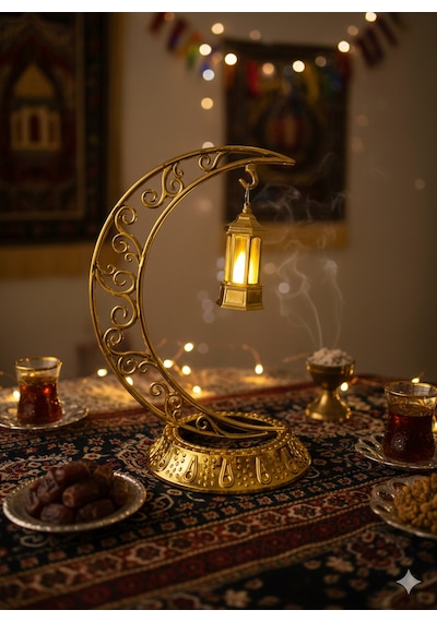 Dodomar 28 Cm Ramazan Dekoratif Masa Üstü Led Lamba Seti - Gold Hilal - Kancalı Diğer