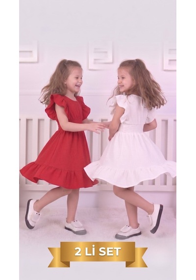New Kids 2 Li Set Kız Çocuk Elbise 2 Adet Gipeli Belden Yeni Sezon Yazlık -91204 Çok Renkli