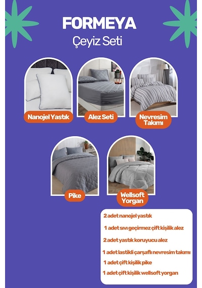 Formeya Wedding Çift Kişilik Çeyiz Seti 11 Parça Gri