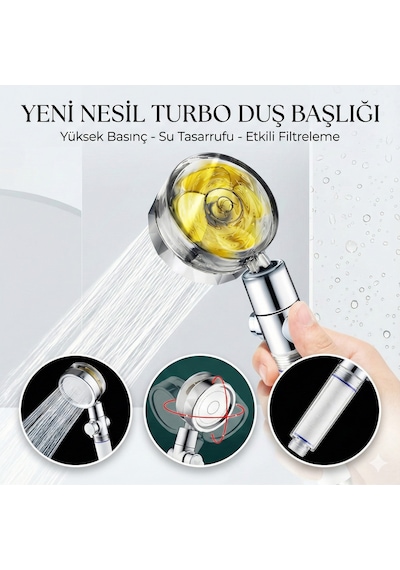 Yüksek Basınçlı Turbo Pervaneli Duş Başlığı - Su Tasarruflu, Filtreli Ve Stop Tuşlu Spa Etkisi Gri P Diğer