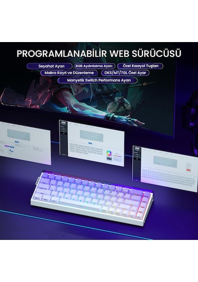 Aula Hero 68 He Manyetik Klavye Rapid Trigger Dragon King Switch 8000hz Rgb Neon Tkl Hot Swap Oyuncu Klavyesi Mor