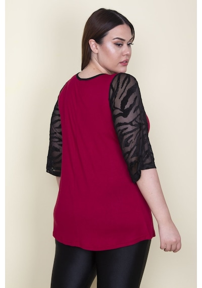 Şans Kadın Bordo Kolları Flok Tül Detaylı Viskon Bluz 65n25580-nar Narçiçeği