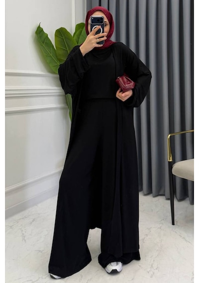 Balenbi Kadın Penye Uzun Hırka Bluz Geniş Paça Pantolon Abaya Takım 1217 Siyah