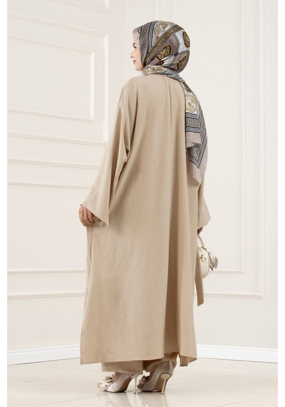 Sevitli Düğmeli Davin Abaya İkili Takım-bej-5977