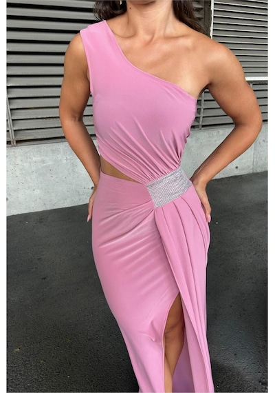 Lior Design Kadın Trend Model Sandy Kumaş Tek Omuz Balık Kesim Abiye Elbise Pembe